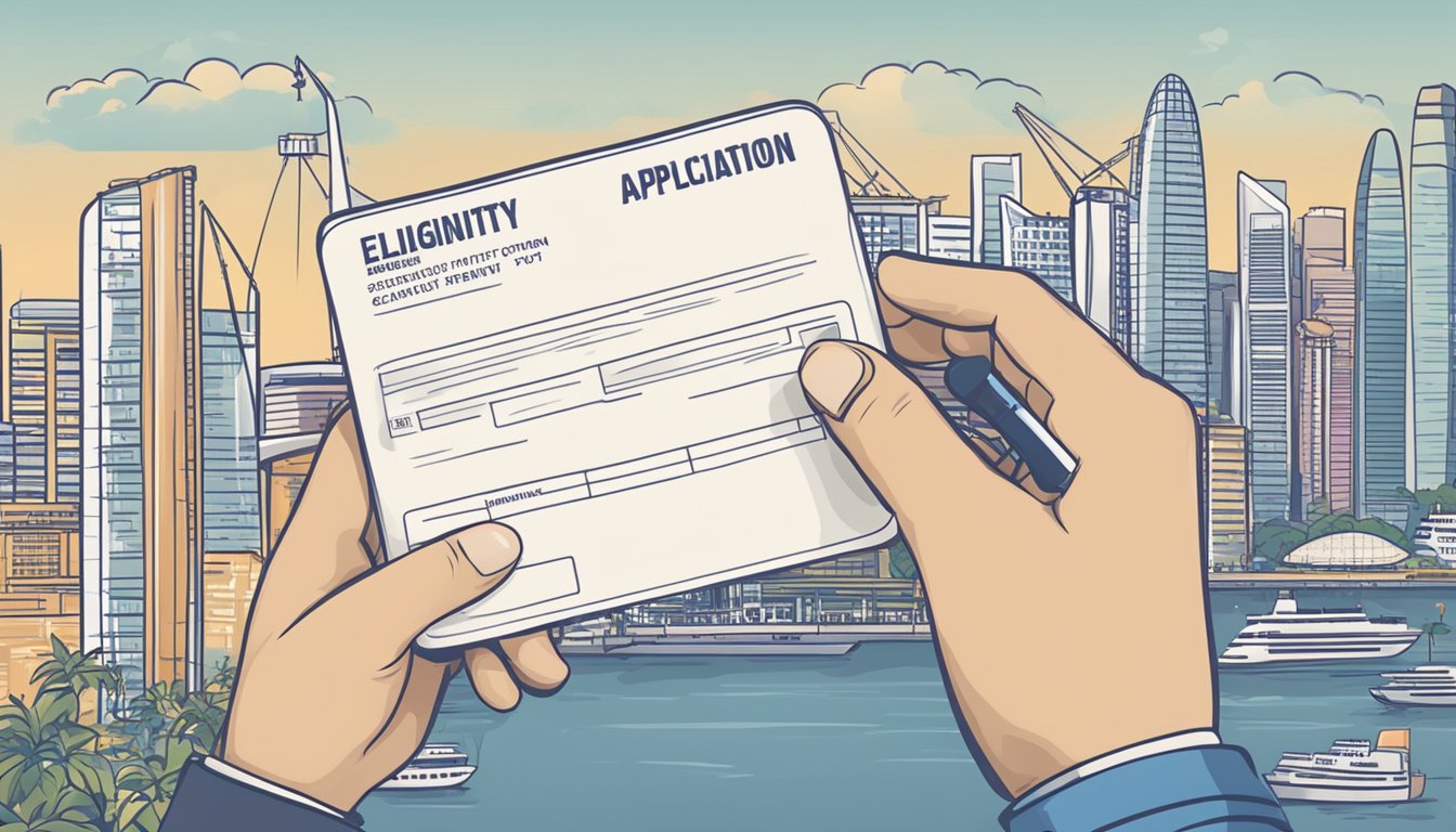 A hand holding a credit card application form with "Eligibility Criteria" and "How to apply" written on it, against a backdrop of Singapore landmarks