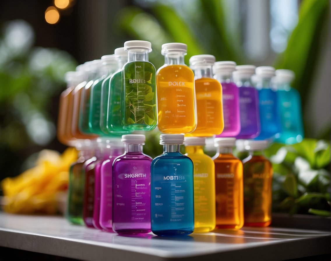 A colorful array of IV bags and tubes, surrounded by vibrant botanicals and symbols of health and wellness, evoking the concept of immune support and potential health benefits