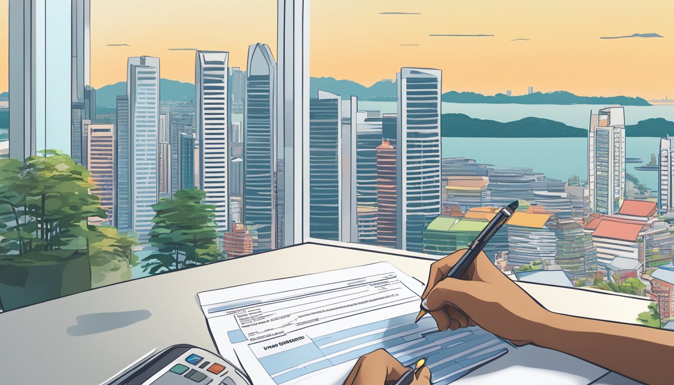 A person sitting at a desk, filling out a credit card application form with a pen. The Singapore skyline is visible through a nearby window
