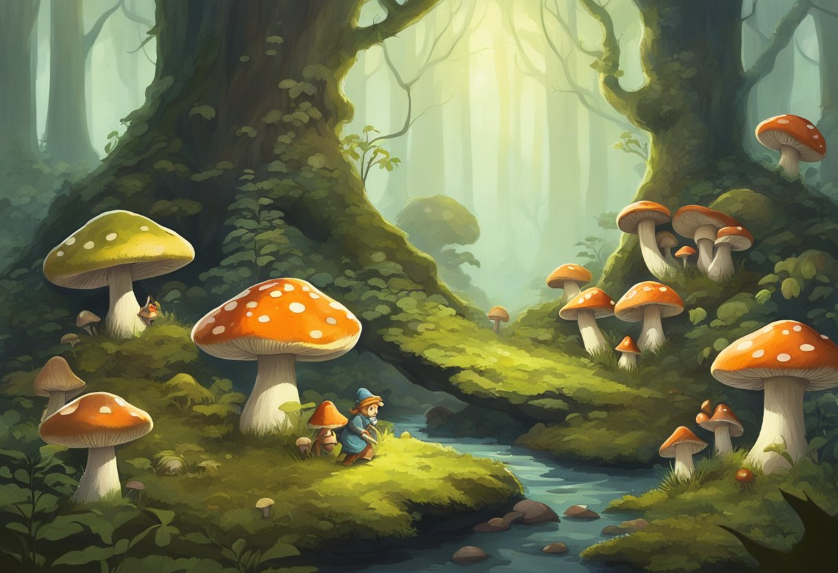 What is Goblincore Music: A mossy forest clearing with mushrooms and toadstools, where a small group of goblins play rustic instruments, creating a haunting and whimsical melody