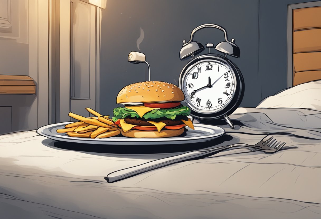 A burger sits on a plate next to a bed. The room is dimly lit, with a clock on the wall showing a late hour