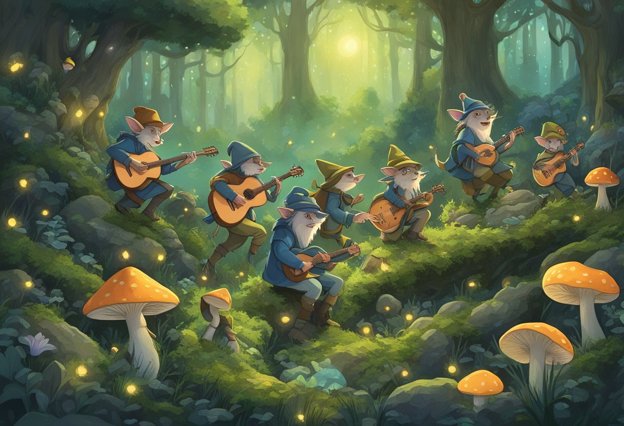 A group of goblincore music artists playing in a forest clearing, surrounded by moss-covered rocks and mushrooms, with fireflies and mystical creatures dancing in the background