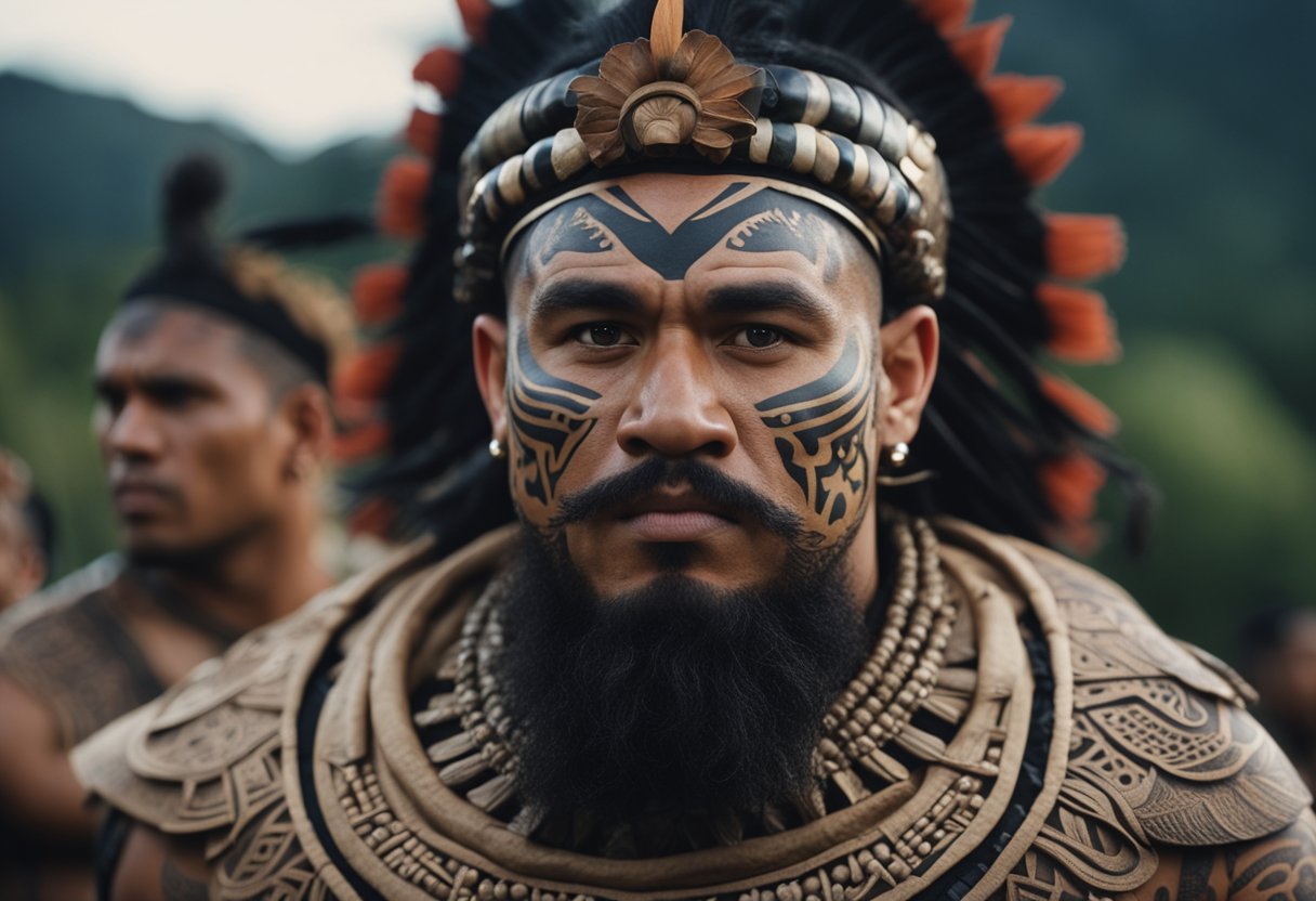 The Maori of New Zealand: Discover Cultural Heritage, Ta Moko and the Haka Dance - A Maori warrior performs the traditional Haka dance, adorned with intricate Moko facial tattoos, surrounded by symbols of mortality and ancestral tradition