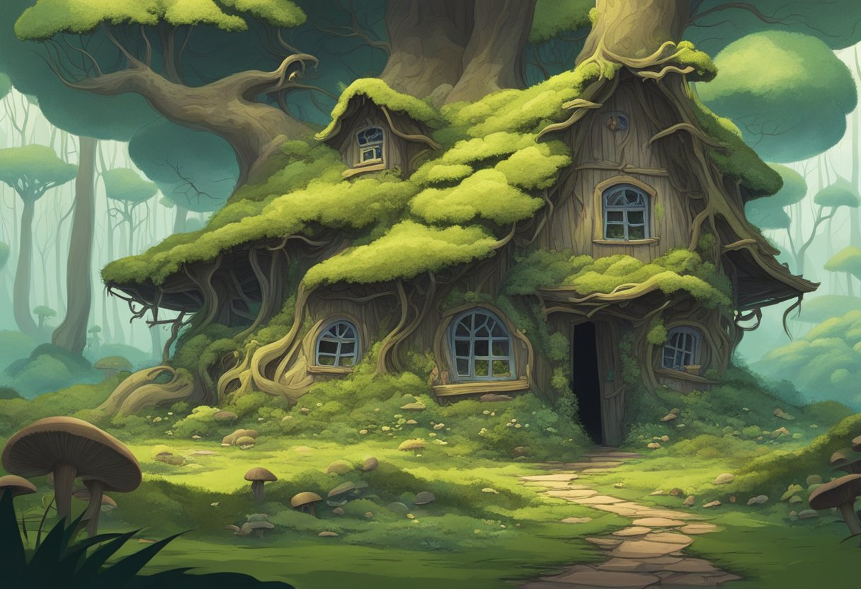 A moss-covered forest clearing with tangled roots, scattered mushrooms, and a weathered cottage. The air is filled with the sound of eerie, otherworldly music