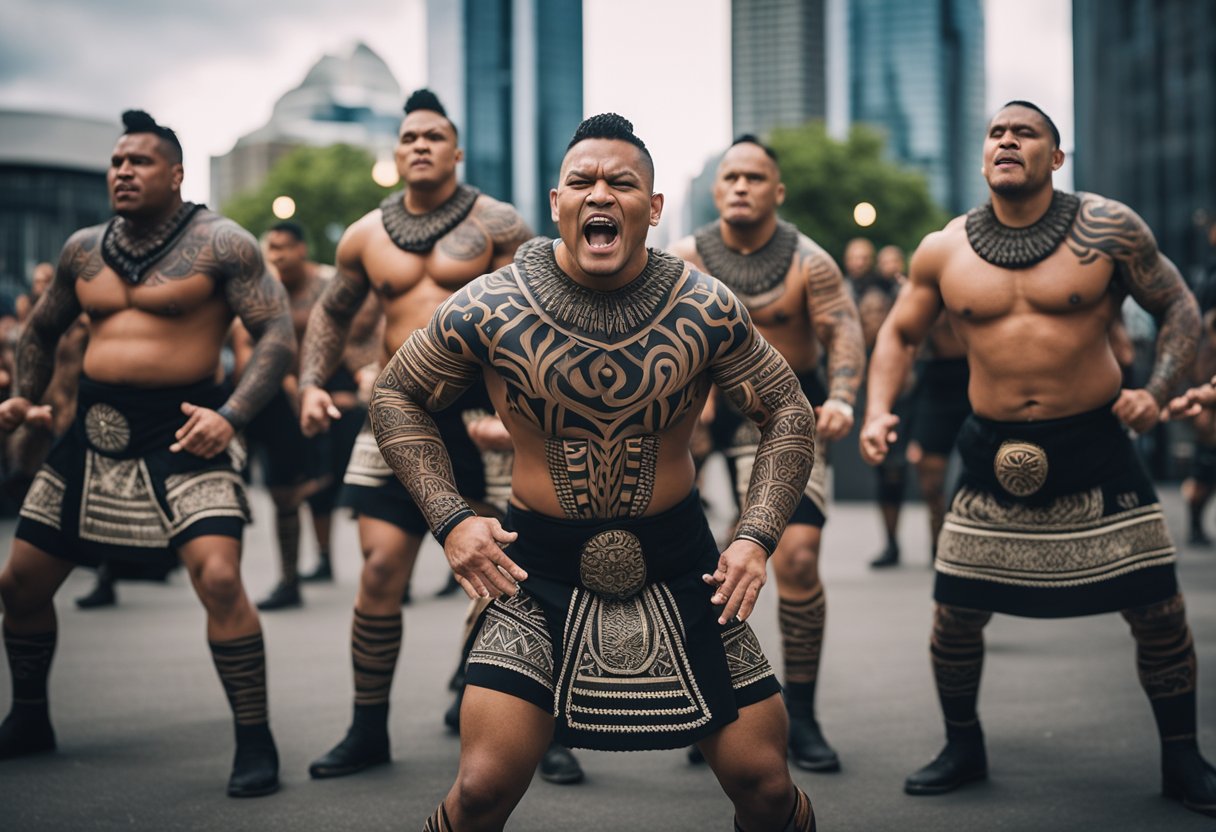 The Maori of New Zealand: Discover Cultural Heritage, Ta Moko and the Haka Dance - A group of Maori warriors perform the Haka, their faces adorned with traditional tattoos. The scene is set against a backdrop of modern city buildings, symbolizing the Maori's struggle to maintain their traditions in a contemporary world
