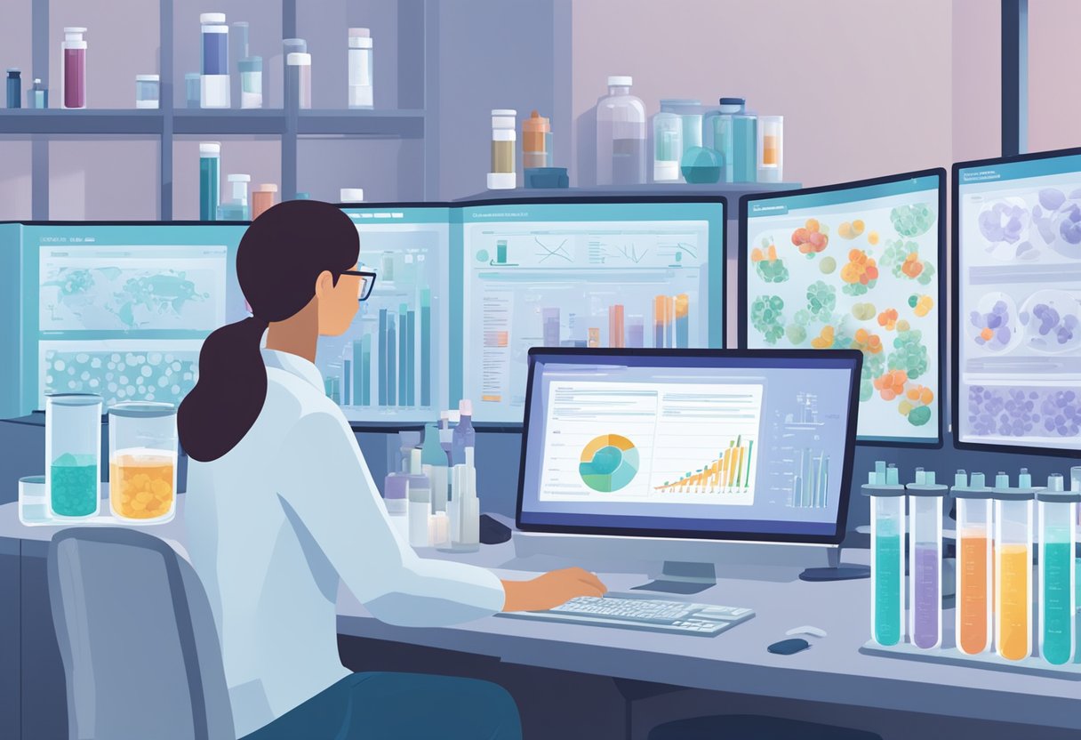 Various probiotic strains in lab tubes, with labels indicating benefits for women's health. Researchers analyzing data on a computer screen