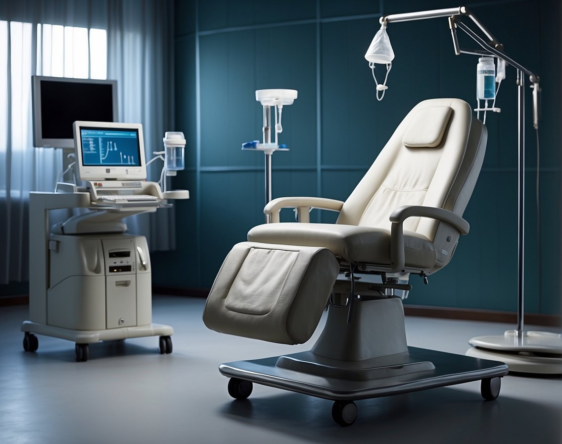 A medical setting with IV bags and tubes, a comfortable reclining chair, and a serene atmosphere
