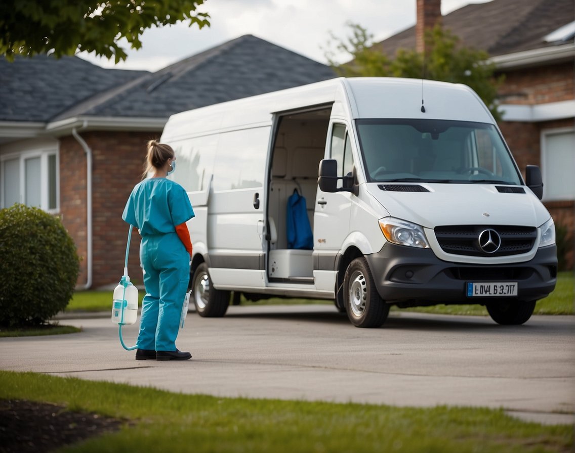 A mobile IV drip service van parked outside a house, with a nurse setting up IV bags and equipment inside
