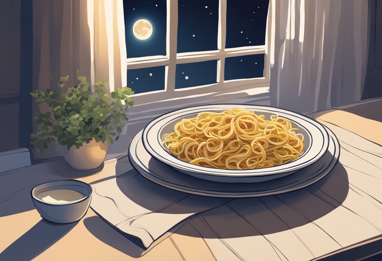 A plate of pasta sits on a table next to a bed. The room is dimly lit, with the moon shining through the window, creating a peaceful ambiance