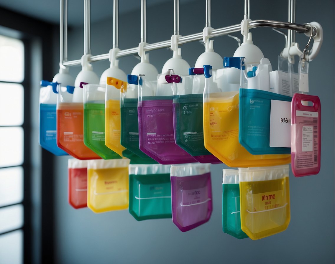 A colorful array of IV bags hang from hooks, each labeled with a different specialized treatment. Tubes connect to a central stand, ready for administration