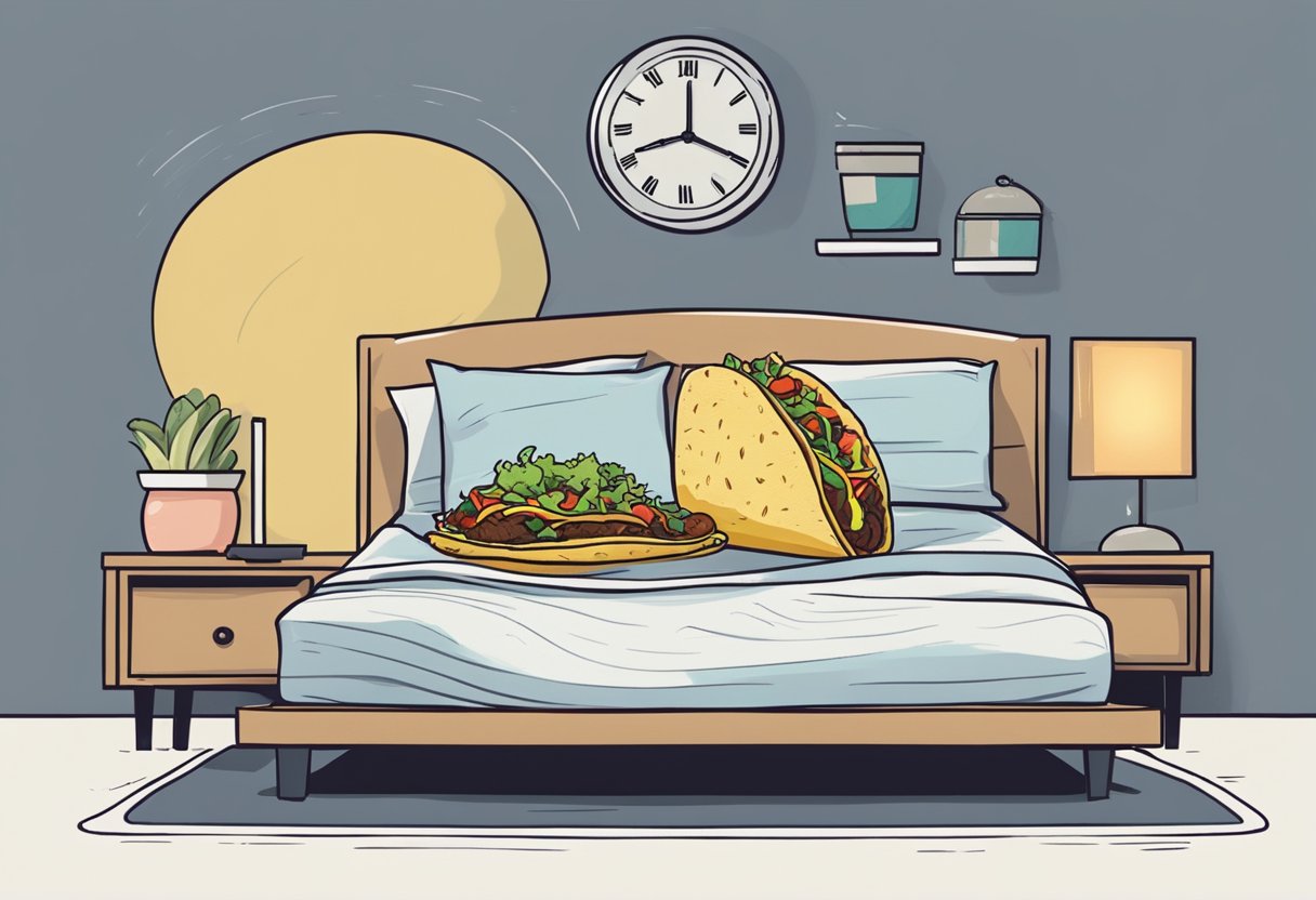A taco sits on a plate next to a bed. The room is dark, with a clock showing the time as late at night. A person is sleeping, with a thought bubble above their head filled with tacos