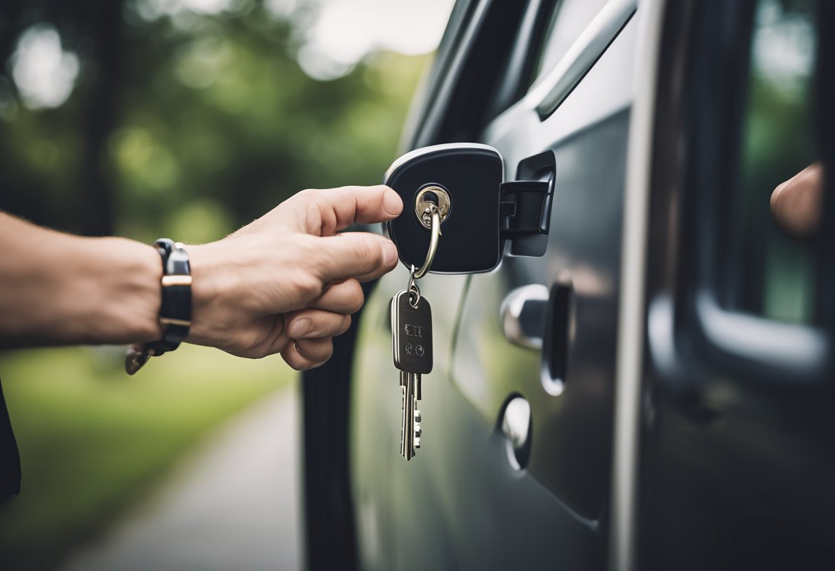 A hand reaching for a locked car door handle, using a key to unlock it