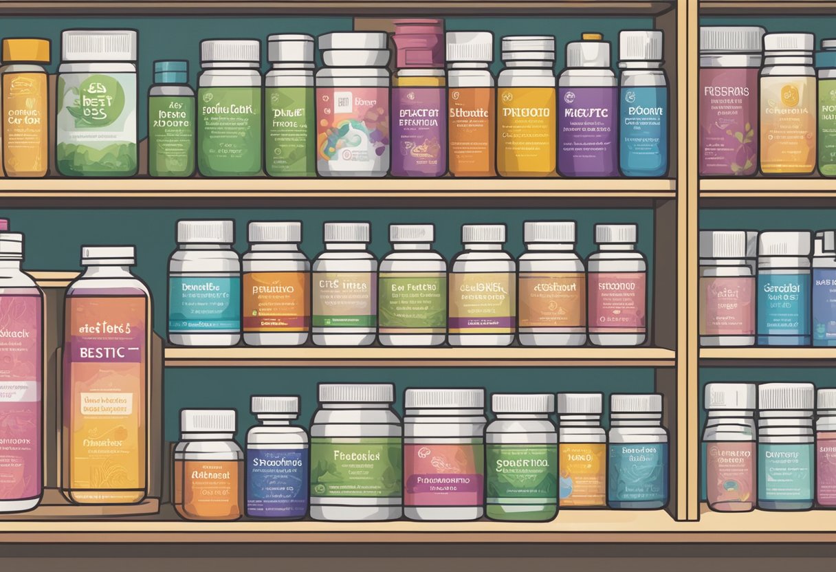 A hand reaches for a shelf filled with various probiotic supplements. Labels display "best probiotic for IBS UK." Bright colors and clear text make the products stand out