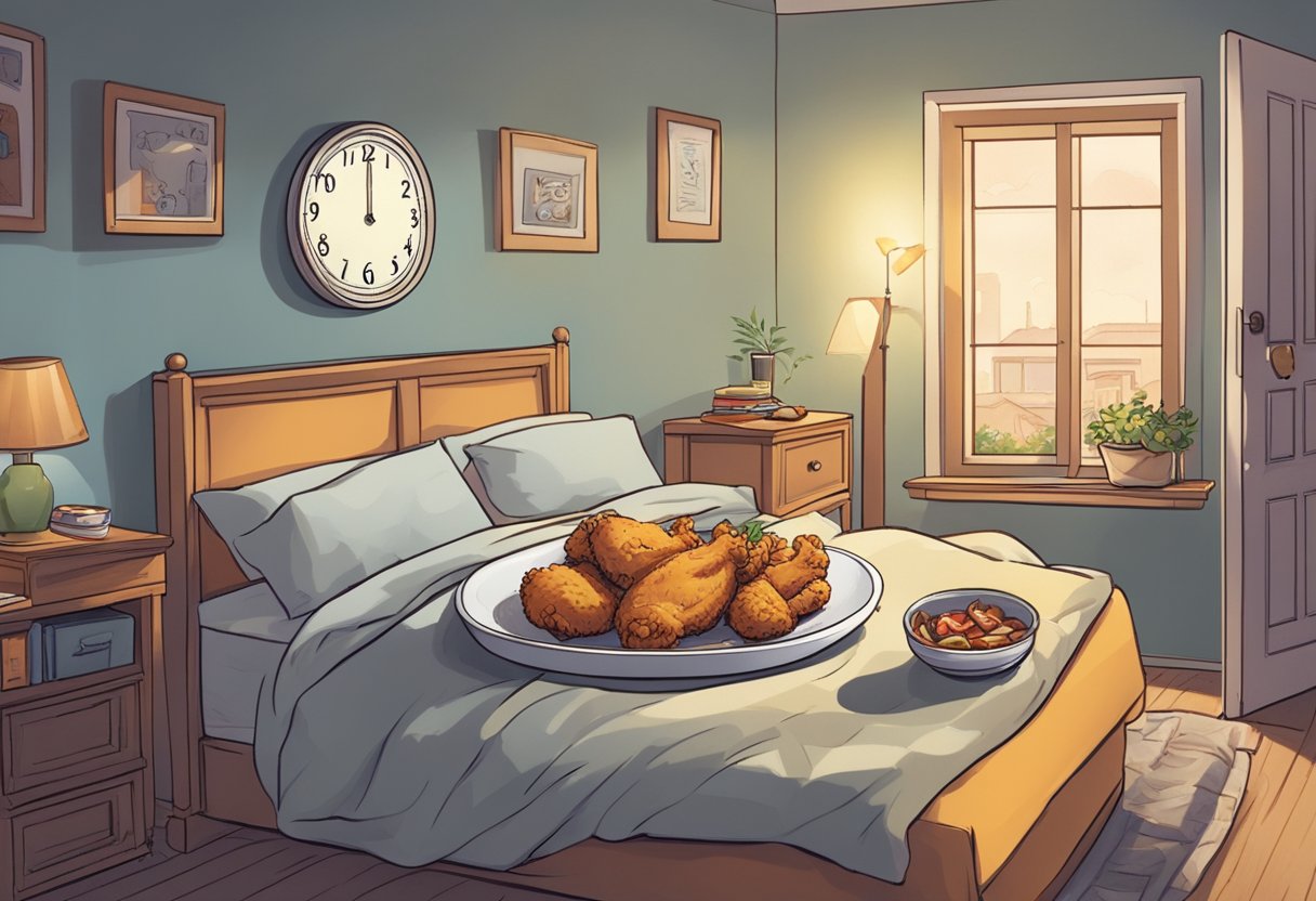 A plate of fried chicken sits next to a bed. The room is dimly lit, with a clock on the wall reading 2:00 AM. A person lies awake, tossing and turning in bed