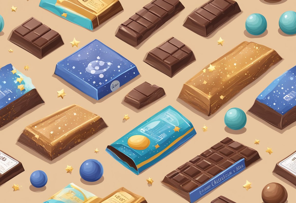 A chocolate bar with a detailed label showing its chemical composition, surrounded by sleep-related symbols like a moon and stars