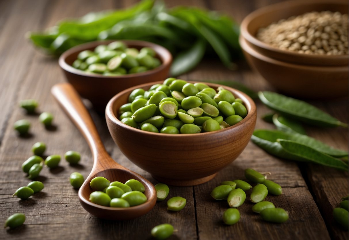 Edamame seeds in a wooden bowl, scattered on a table with a few pods