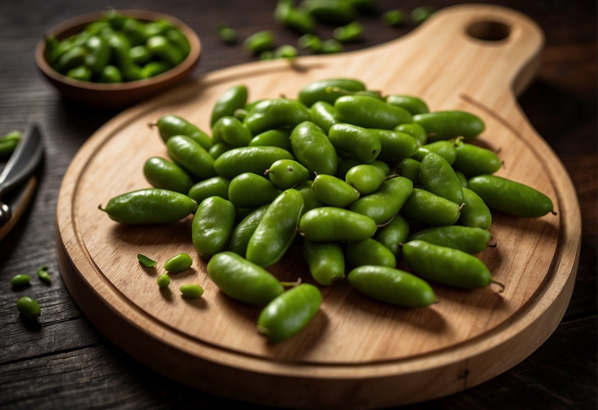 Fresh edamame pods arranged on a wooden cutting board, with a knife slicing one open to reveal the vibrant green seeds inside