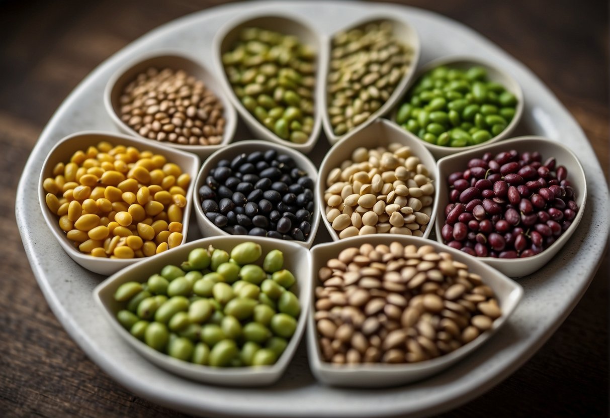 A variety of edamame seeds in different colors and sizes are displayed in a neat arrangement