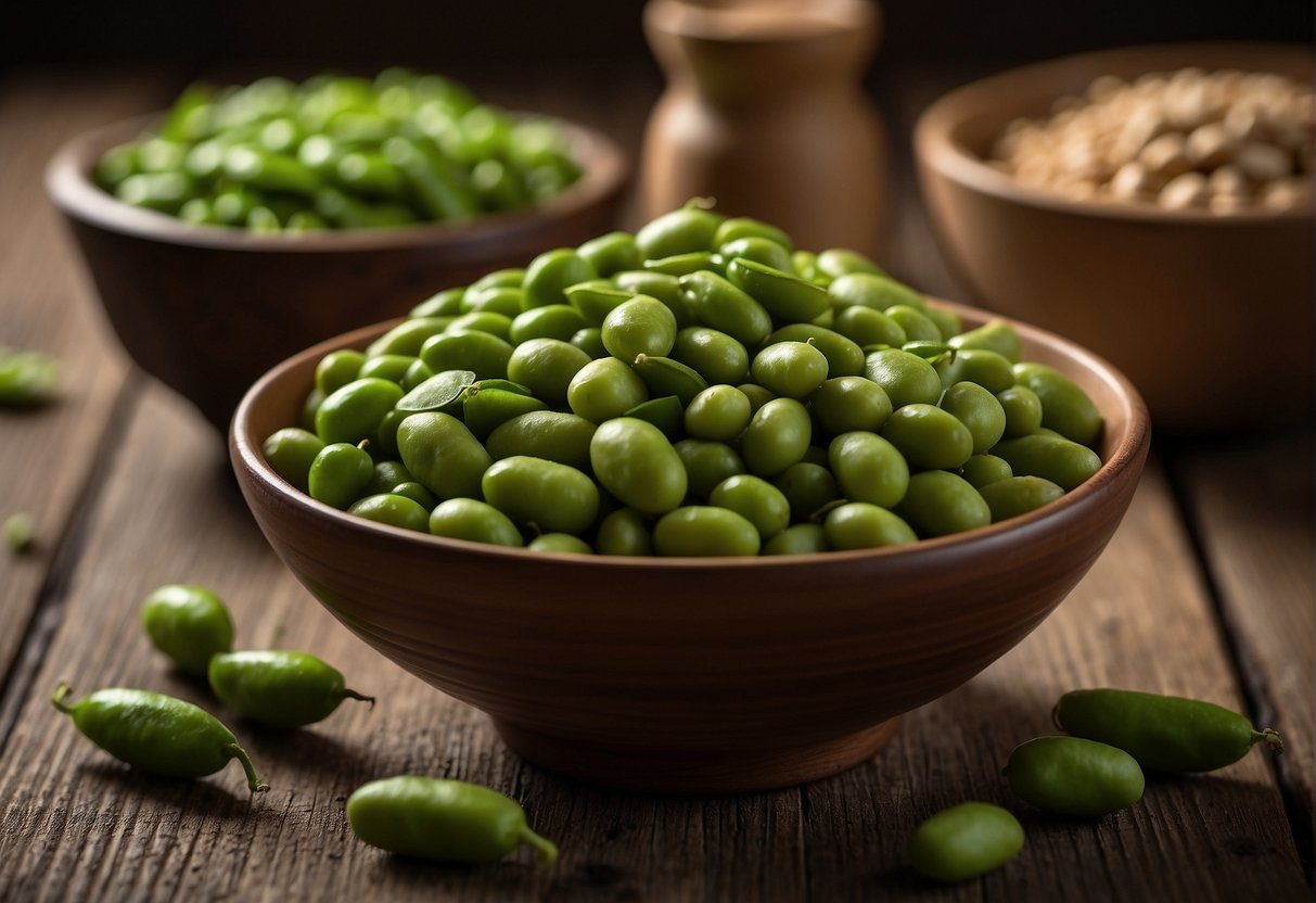 A bowl of edamame seeds sits on a wooden table, surrounded by various healthy ingredients. The vibrant green color of the edamame stands out against the neutral tones of the table and other ingredients