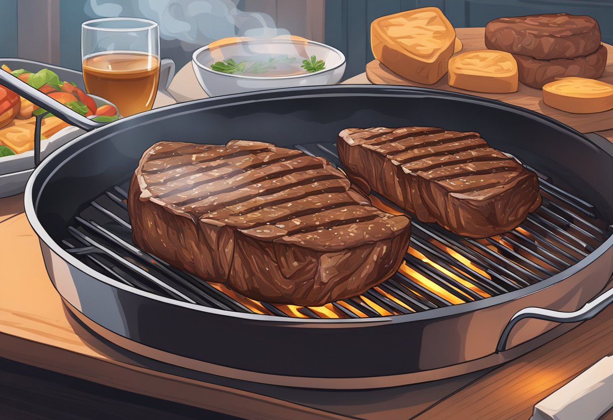 A juicy steak sizzles on a hot grill, filling the air with a mouthwatering aroma. Beside it, a cozy bed beckons, waiting for a tired sleeper to rest peacefully