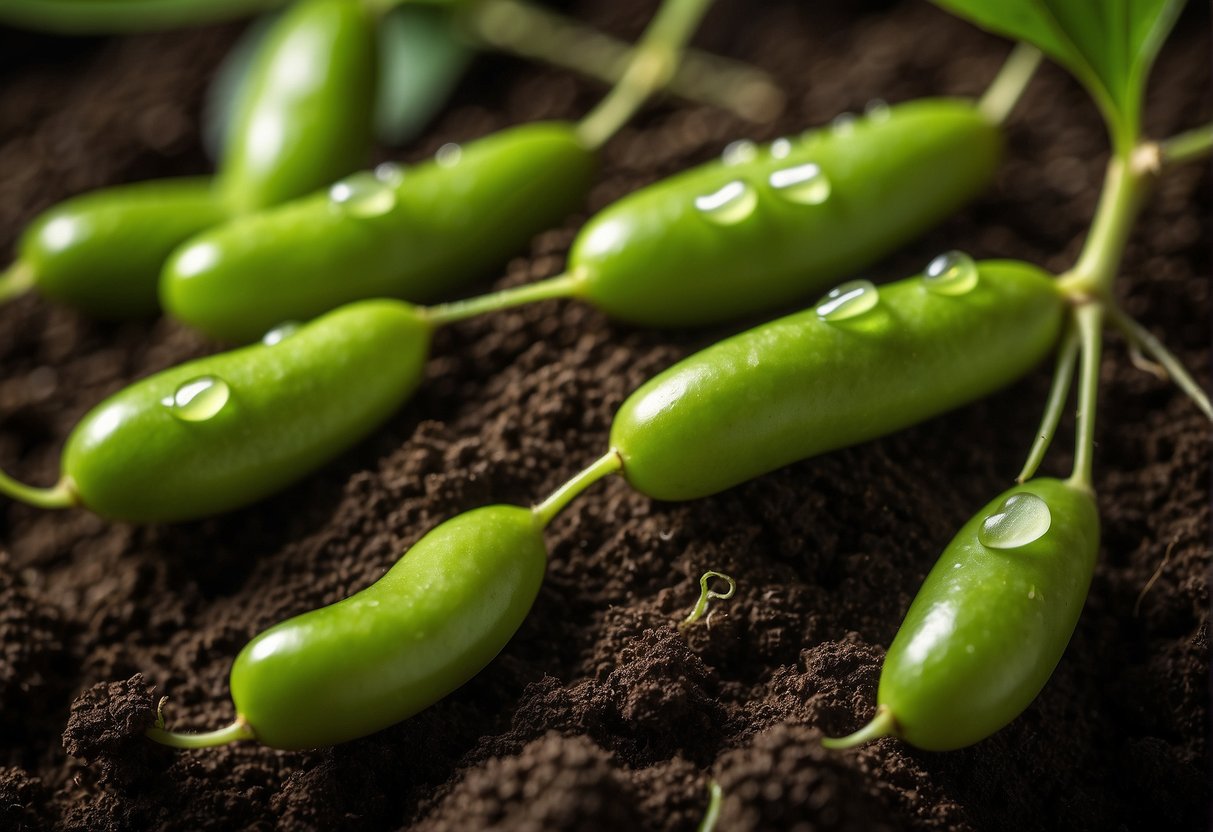 Edamame seeds are planted in rich, dark soil, surrounded by healthy green plants and thriving microorganisms