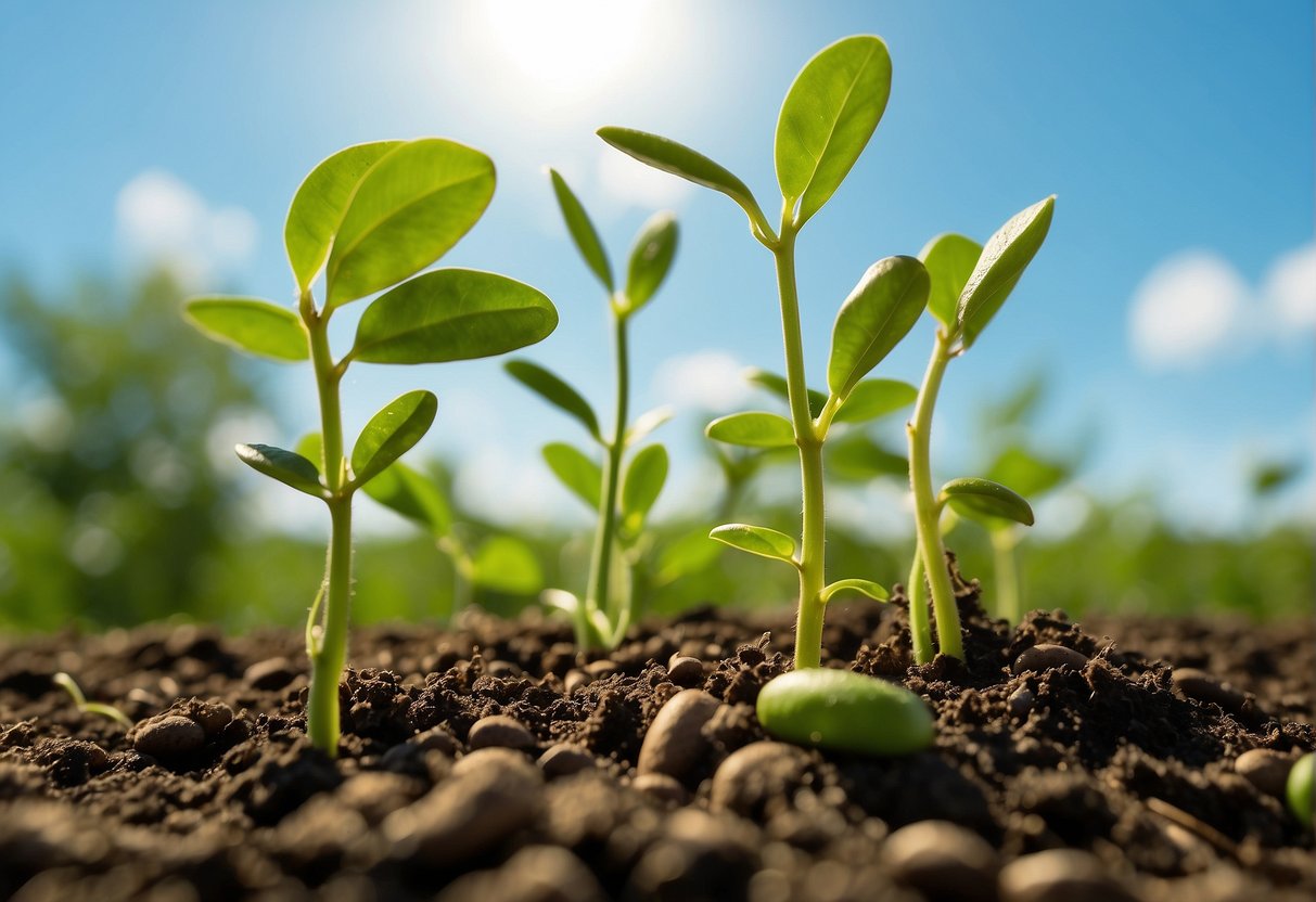 Edamame seeds sprouting from fertile soil, surrounded by lush green plants and clear blue skies, symbolizing environmental impact and sustainability