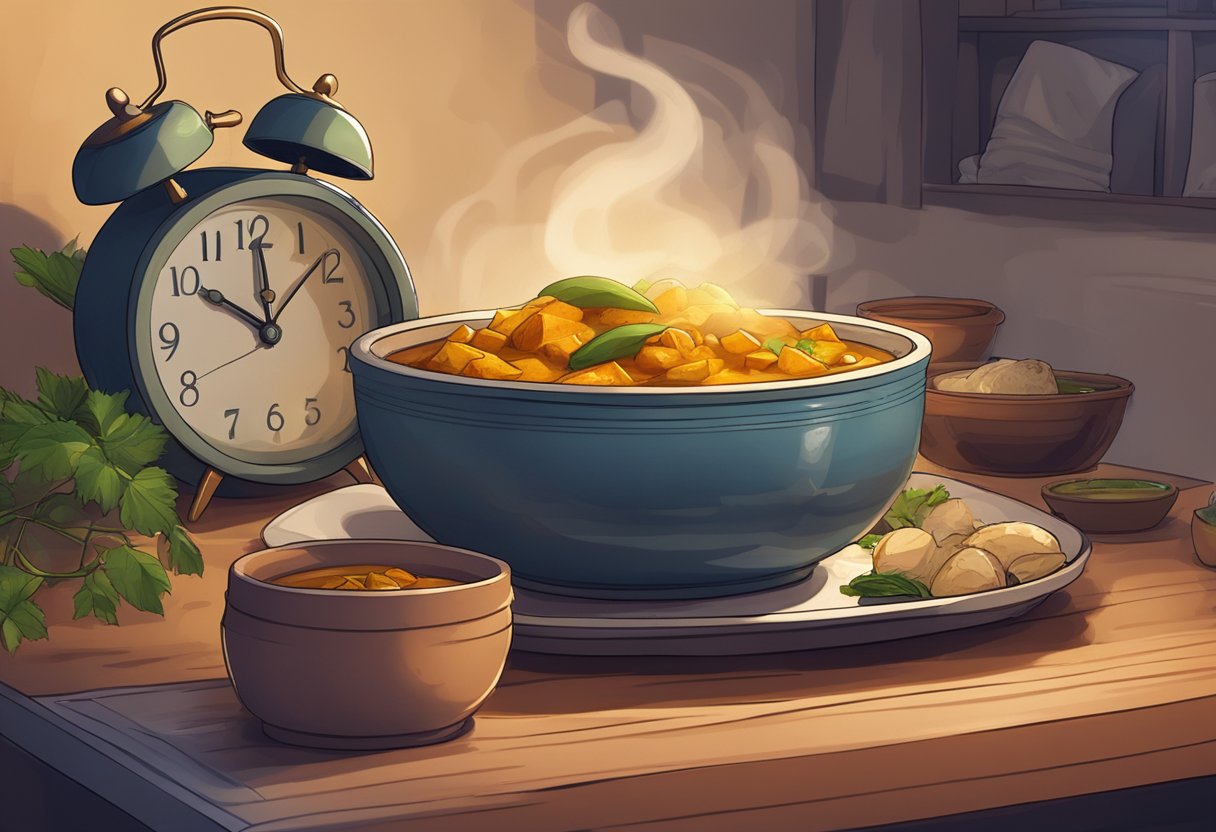 A steaming bowl of curry sits on a table next to a cozy bed. The room is dimly lit, and a clock on the wall shows it's late at night