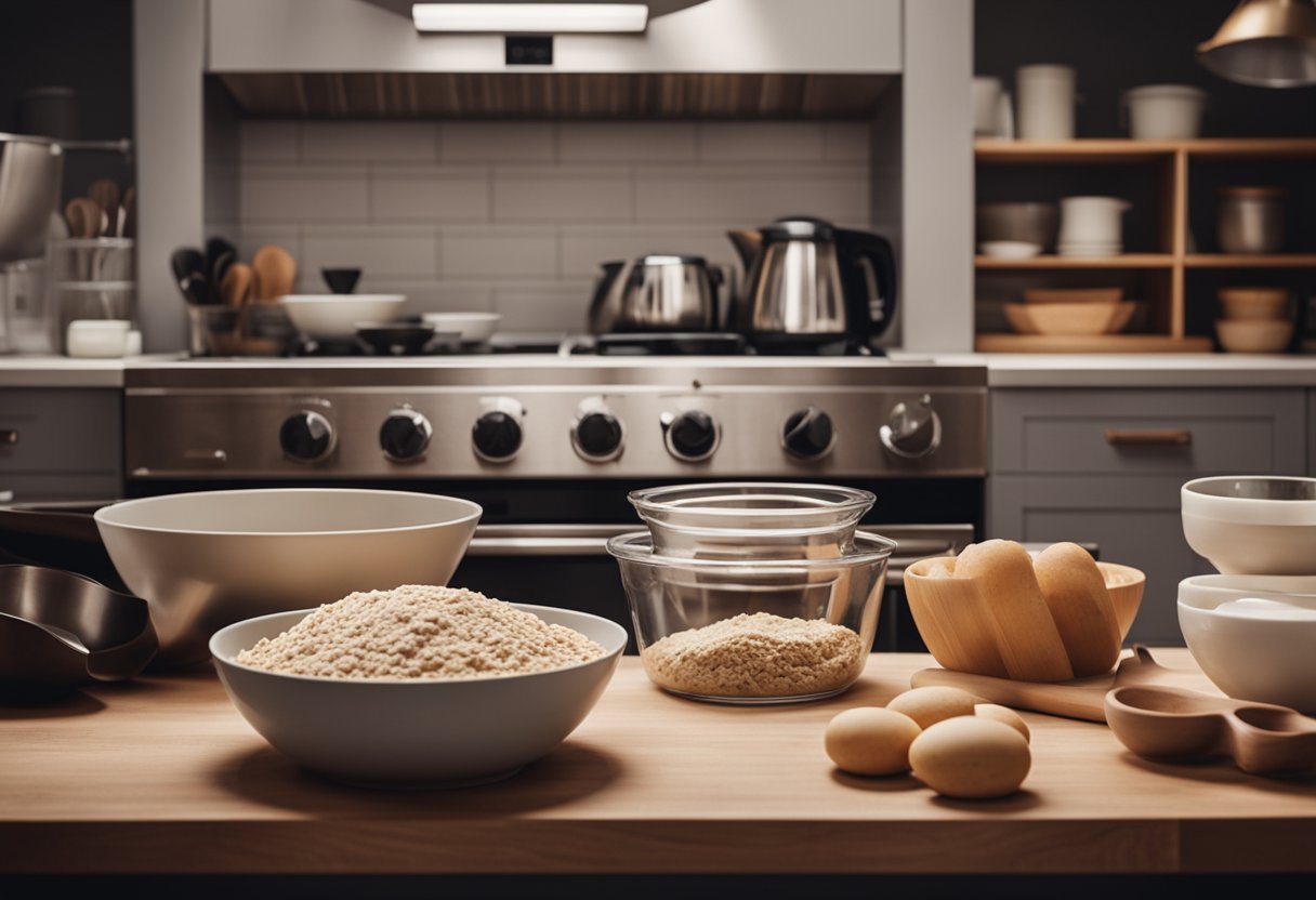 A kitchen counter with ingredients, mixing bowls, and baking tools set up for making cookies at home