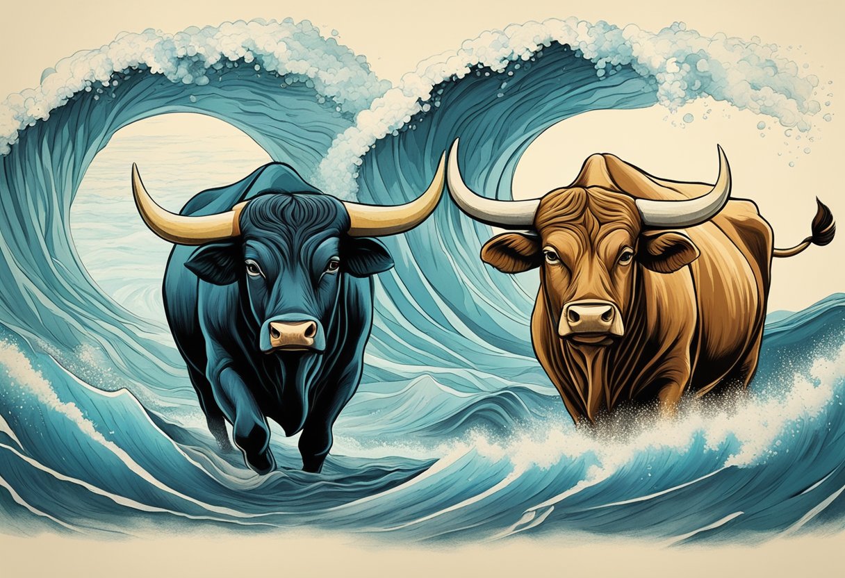 Two collagen sources face off: a powerful bull and a majestic ocean wave, symbolizing the comparison between bovine and marine collagen