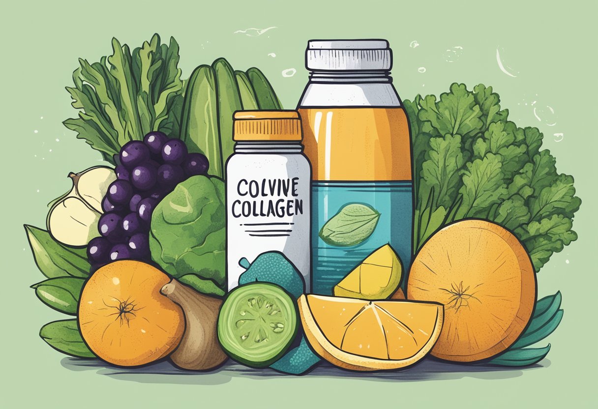 A bottle of bovine and marine collagen supplements surrounded by fresh fruits and vegetables, emphasizing the health benefits