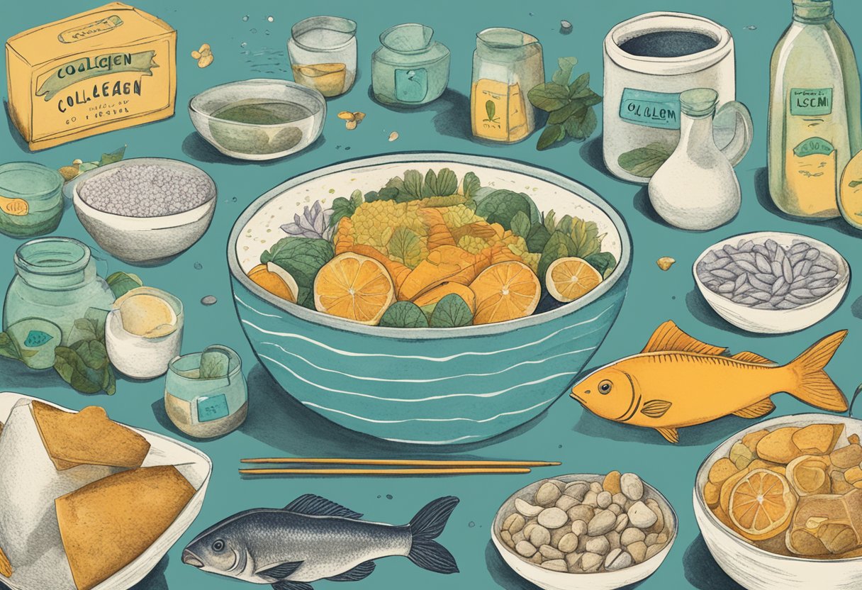 A cow and a fish swimming in separate bowls, surrounded by various products with "collagen" labels