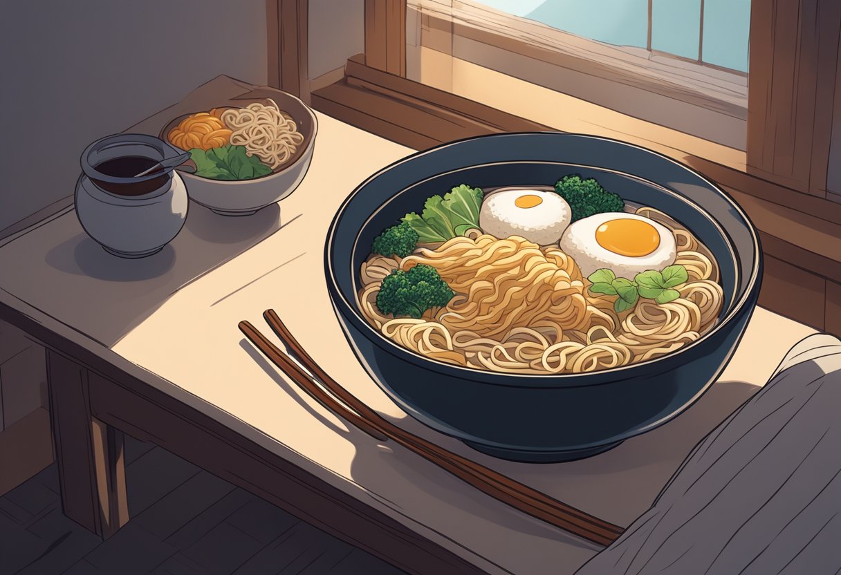 A steaming bowl of ramen sits on a table next to a bed. The room is dimly lit, with soft pillows and a cozy blanket