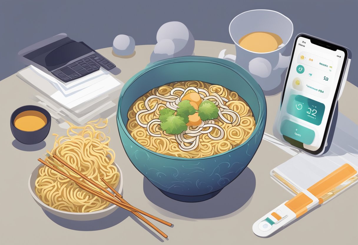 A bowl of ramen sits next to a sleep tracker showing disrupted patterns. Nutritional information is highlighted, emphasizing potential impact on sleep quality