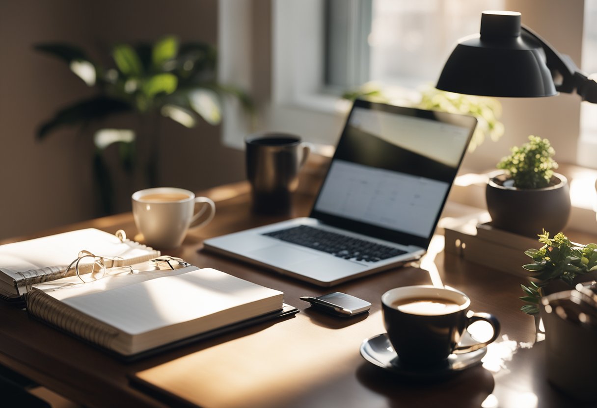 A cozy home office with a desk, computer, and planner. Sunlight streams in through the window, illuminating the space. A cup of coffee sits on the desk, alongside a notebook and pen
