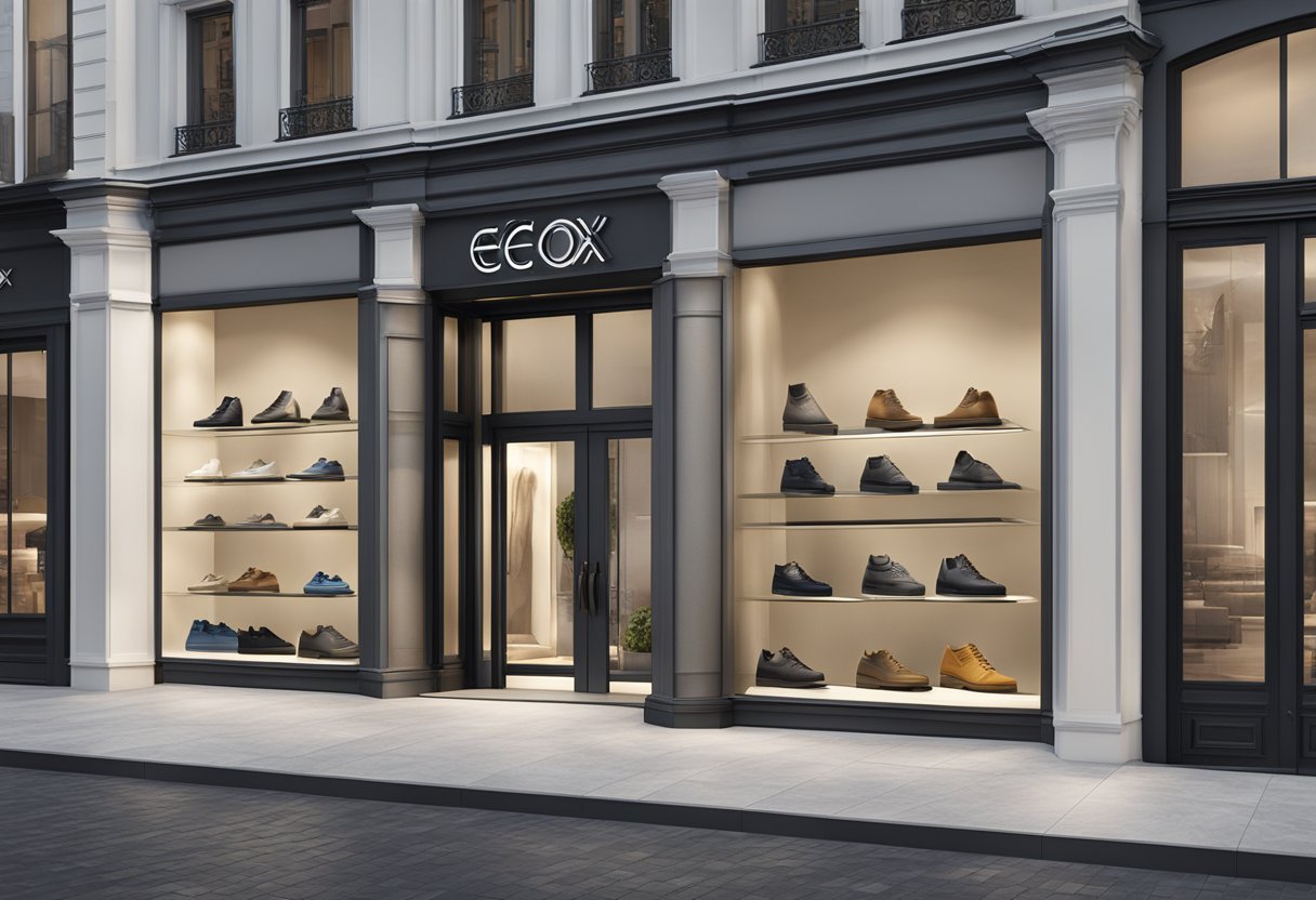 A stylish storefront displays Geox and Ecco logos, contrasting luxury and comfort