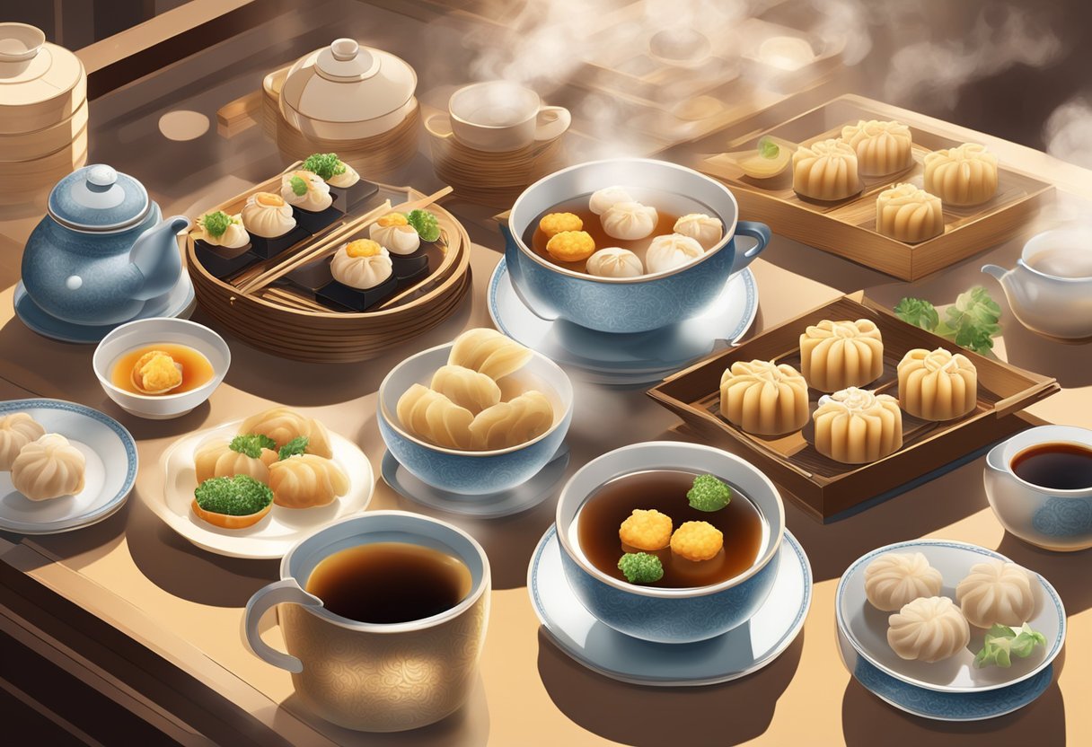 A table set with various steamed and fried dim sum dishes, alongside a cup of hot tea. The scene is bathed in warm, inviting light, with steam rising from the dishes