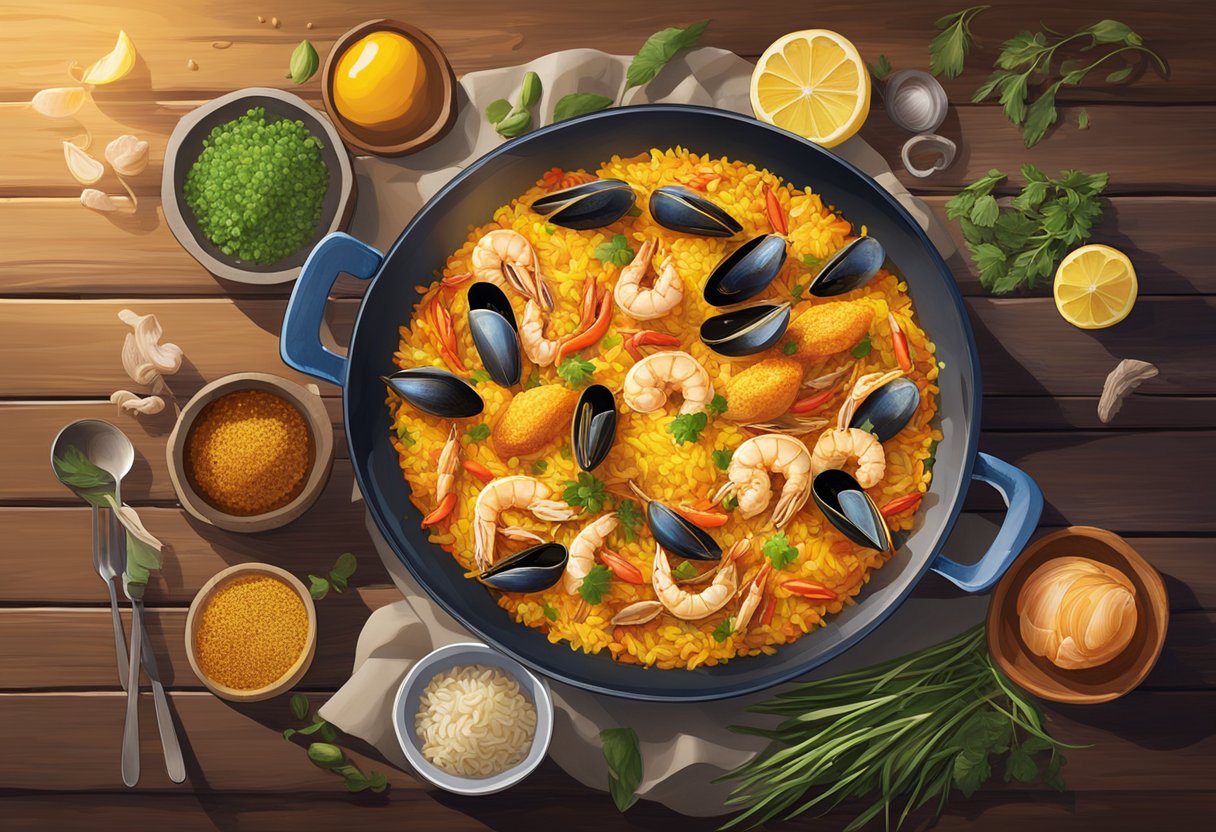 A steaming paella dish sits on a rustic wooden table, surrounded by vibrant ingredients like saffron, seafood, and rice. A soft glow from the setting sun highlights the rich colors and textures of the dish