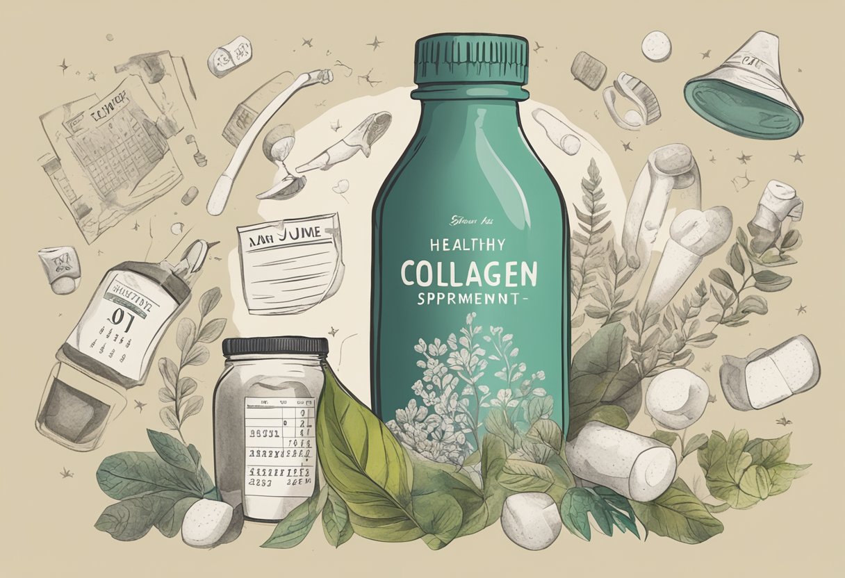 A bottle of collagen supplements surrounded by images of healthy joints and bones, with a calendar showing the passage of time