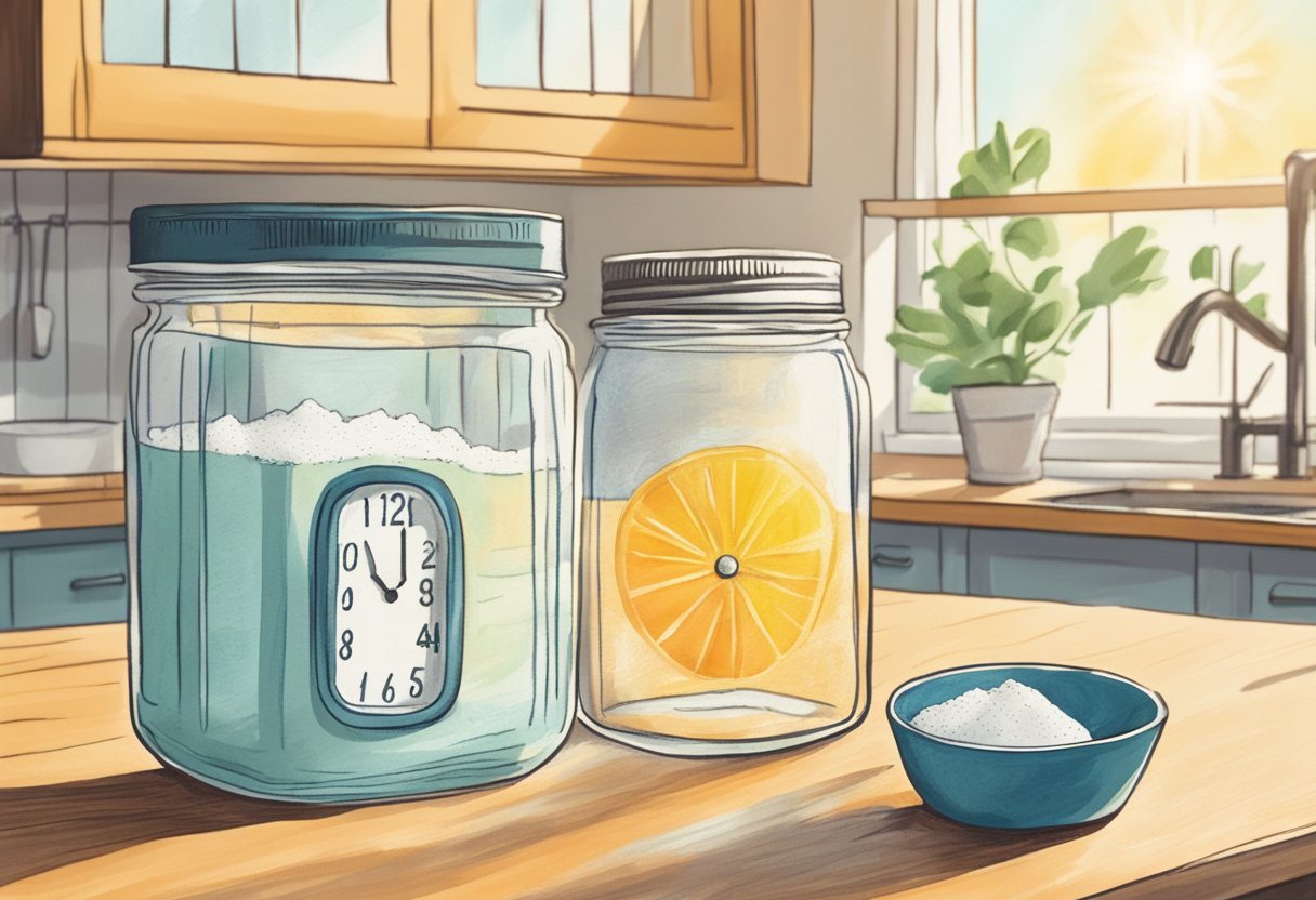 A bright morning sun illuminates a jar of collagen powder next to a glass of water on a clean kitchen counter. A clock on the wall reads 8:00 AM