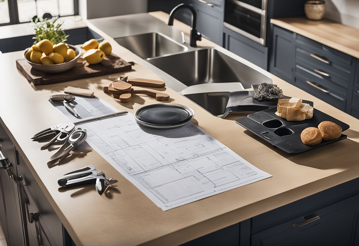 A kitchen island surrounded by tools, materials, and blueprints, with a price comparison chart nearby