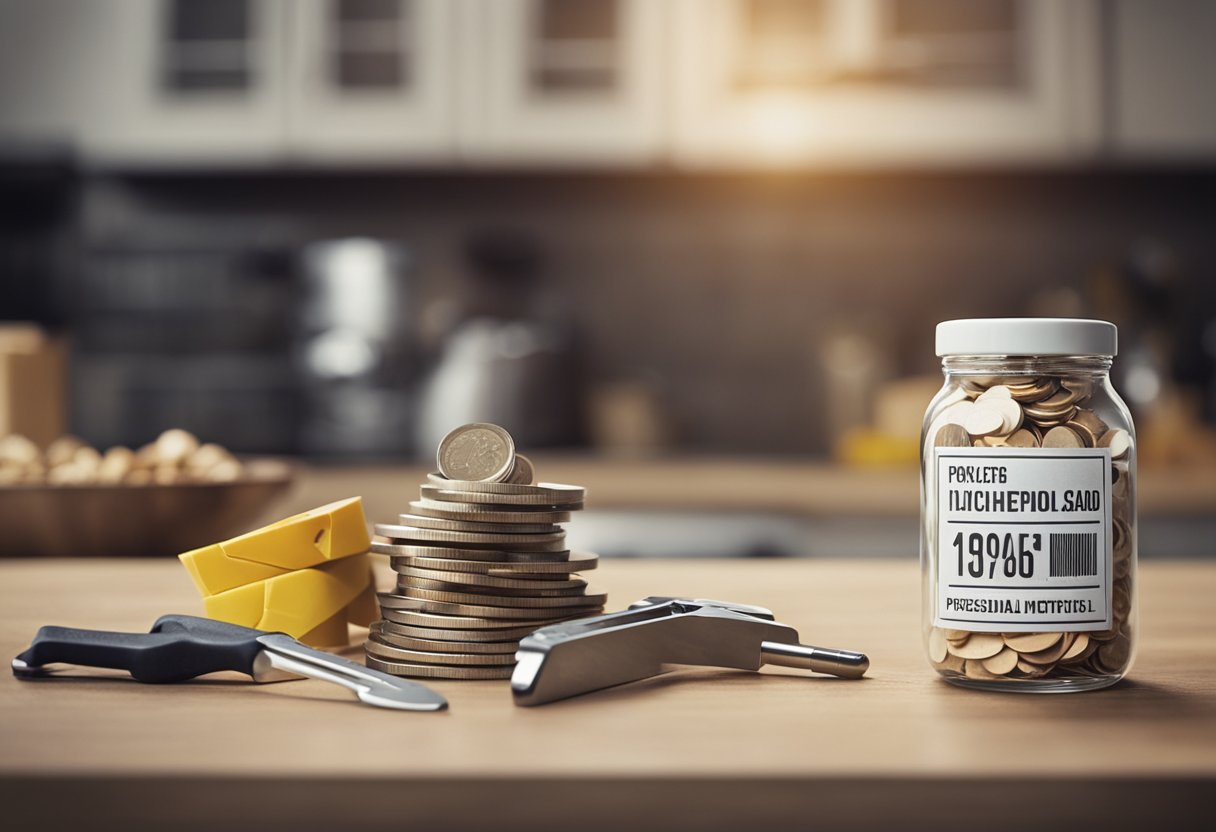 A kitchen island and a price tag on one side, a pile of building materials and tools on the other. A question mark hovers above, emphasizing the dilemma