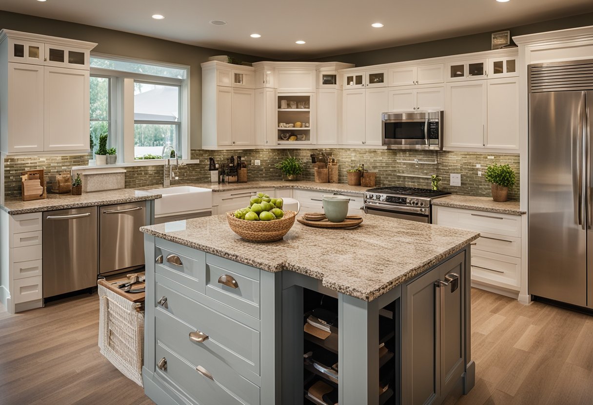 A customer compares prices of pre-made and DIY kitchen islands at a home improvement store