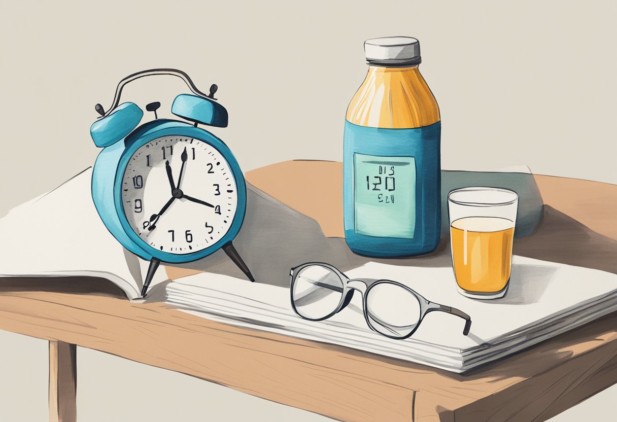 A clock striking 10:00 AM with a bottle of collagen supplements next to a glass of water on a clean, minimalist table