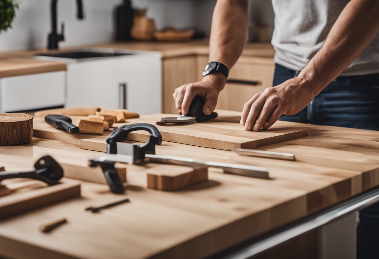 A person constructs a kitchen island with wood and tools