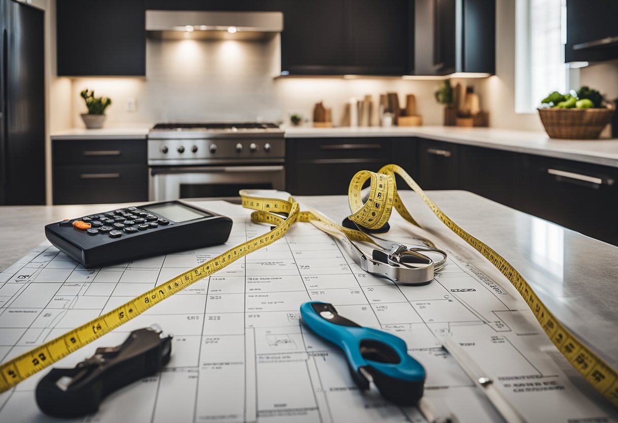 A kitchen island surrounded by measuring tape, tools, and cost comparison charts