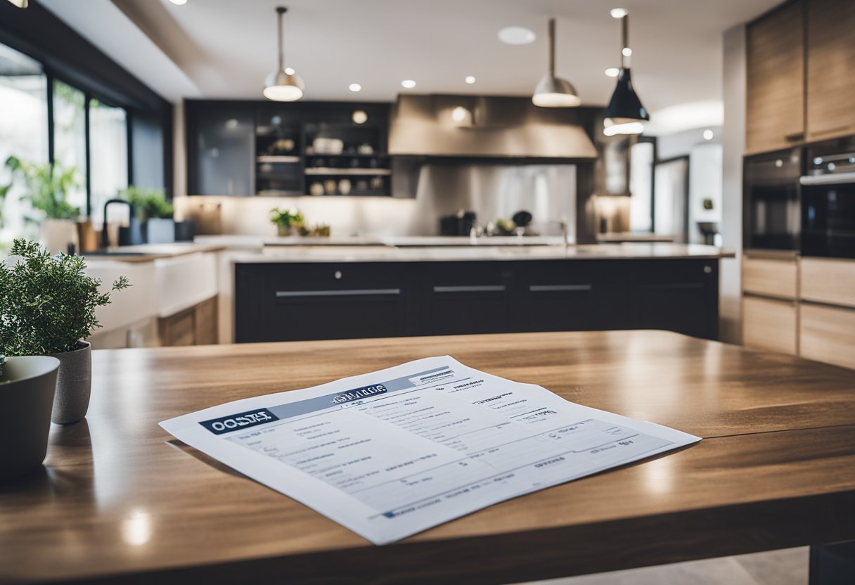 A kitchen island surrounded by cost comparison charts, with a builder and retailer in the background