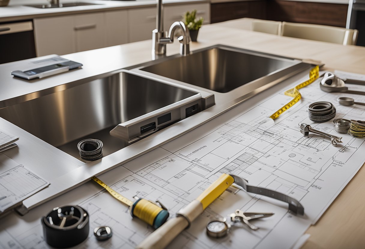 A kitchen island surrounded by measuring tape, tools, and blueprints, with a price comparison chart showing cost savings for building vs buying