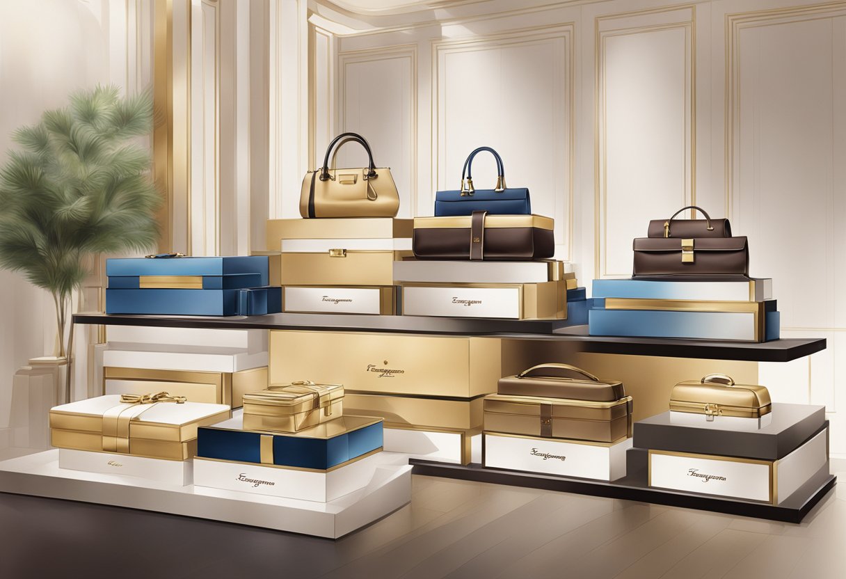 A luxurious display of Ferragamo products, showcasing the brand's quality and elegance