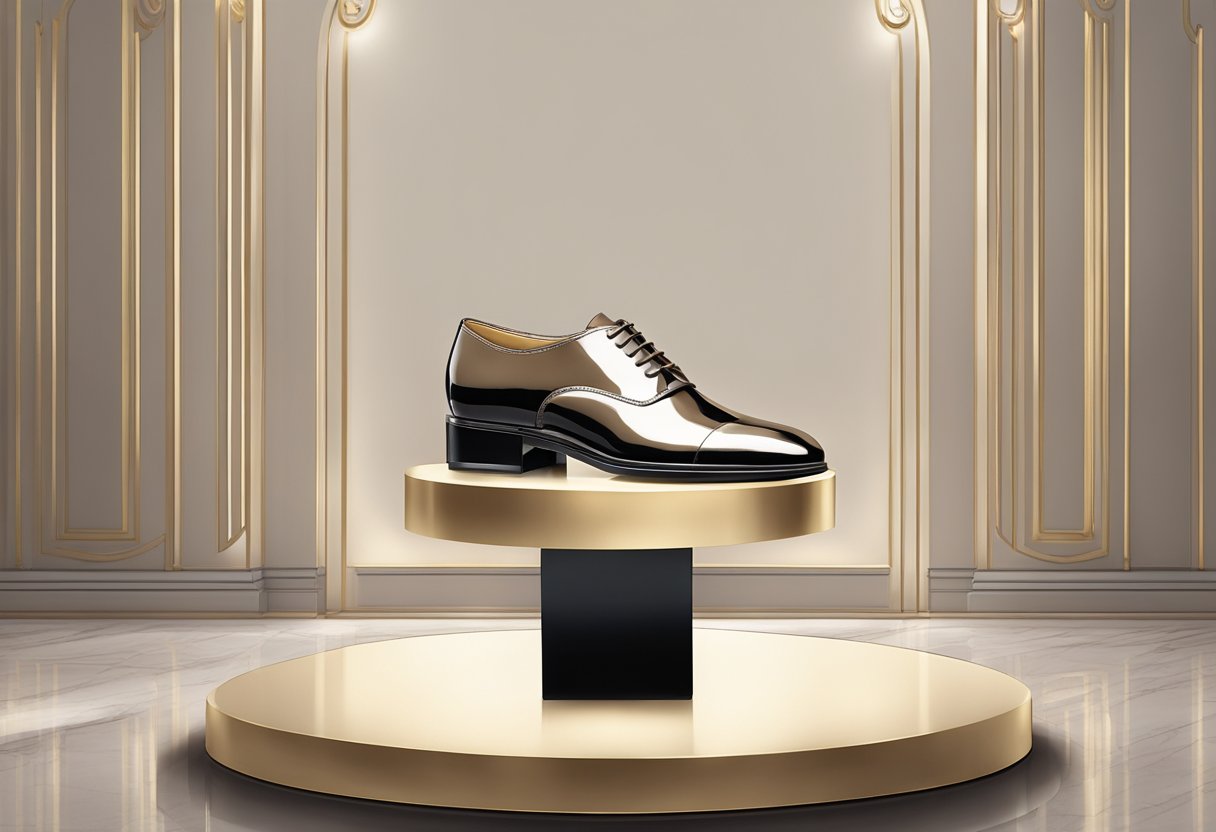 A luxurious Ferragamo shoe displayed on a sleek pedestal, surrounded by soft lighting and elegant decor