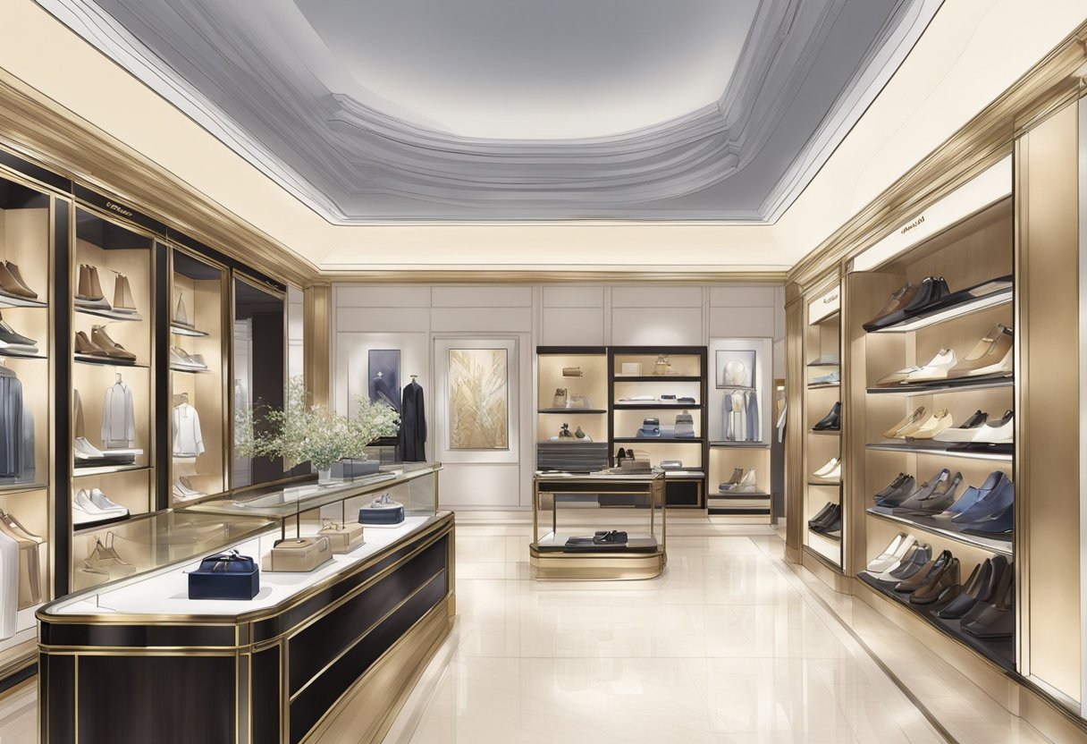 A luxurious Ferragamo store with elegant displays and high-end products, evoking a sense of exclusivity and quality